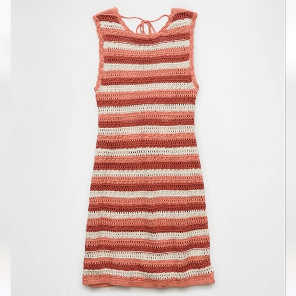 NWT AEO Open-Backed Crochet Mini Dress Large White Red Coral Pink - Picture 3 of 5